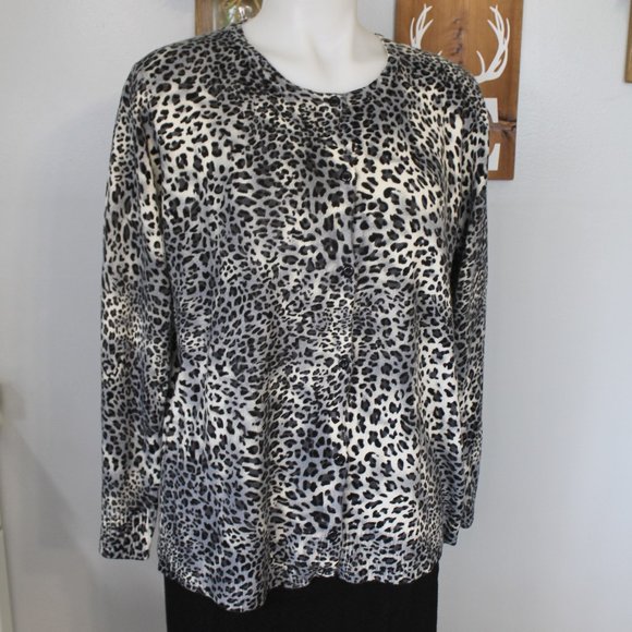 Evan-Picone Leopard Print Button-Front Cadigan Sweater - Picture 1 of 6